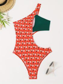 Women's Fashion One-piece Swimsuit With European And American Style, Asymmetrical Off-the-shoulder, Cutout And Christmas Print. (Option: S-Colour)