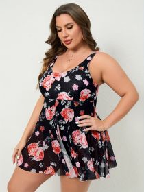 Plus Size One-piece Mesh Skirt Printed Backless Sexy Swimsuit Women's One-piece (Option: Black-1XL)
