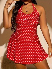 Women's Oversized Polka Dot One-piece Dress, One-piece Suit With A Neck, Cross On The Chest, Holiday Style (Option: Red-1XL)