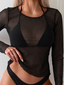 Women's Fashion Swimsuit, Sexy Solid Color Round Neck Sun Protection Shirt, Vacation Style (Option: S-Black)