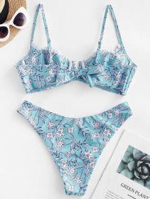 Hot Selling High Quality Bikini Floral High Cut Bikini Sets V-Wired Two Piece Swimsuit Bathing Suit (Option: S-Blue)