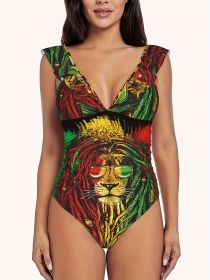 Women's Plus-size Swimsuit With Positioning Print, Sexy Backless V-neck Design, One-piece Swimsuit, Beach Style (Option: 1XL-Colour)