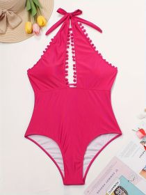 Women's Large-size One-piece Swimming Suit, Solid-colored Sphere, One-piece Swimsuit, Beach Style. (Option: Rose-0XL)