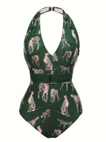 Women's Large-size One-piece Swimming Suit With Belt, Leopard Print, With Neck Tie, Back Exposed, One-piece Swimsuit In Beach Style (Option: 1XL-Dark green)