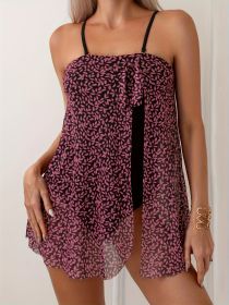 European And American Sexy Chest Mesh Skirt Leaf Print One-piece Swimsuit (Option: Pink-S)