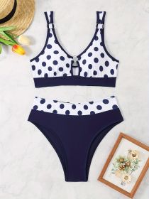 Women's Bikini Set With Random Prints, Sexy Polka Dot Ring Two-piece Swimsuit, Beach Style (Option: S-Navy blue)
