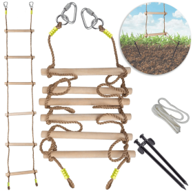 Wooden Rope Ladder For Kids With Ground Anchoring Lenght 2m Width 40cm Outdoor Or Indoor Climbing Rope Ladder For Ninja Slackline Backyard Playgr (Option: With Ground Anchoring)
