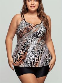 Women's Plus-size Tankini Suit, Leopard Print, Boxer Shorts, Holiday Style (Option: Black-1XL)