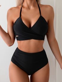 Women's Cross Halter Swimsuit Bikini Two-piece Solid Color Cross Bikini Chest (Option: Black-S)