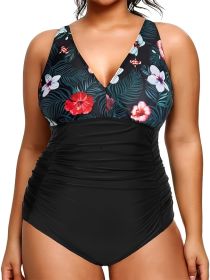 Women's Large-size One-piece Swimming Suit  Covers The Stomach - Floral Print  One-piece Design  Beach Style (Option: 1XL-Black)