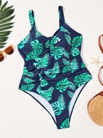 Women's Oversized One-piece Tropical Print Chest Pleated One-piece Swimsuit Holiday Style (Option: Black-0XL)