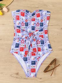 Women's One-piece Bandeau Swimsuit Gift Print Belt Bow Swimsuit Holiday Style (Option: Pattern and colour-S)