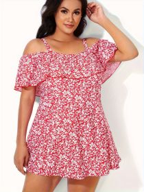Women's Plus-size One-piece Swimsuit With Floral Print, One-shoulder And Lotus Leaf Hem, Vacation Style. (Option: 1XL-Red)