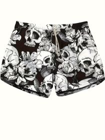 Women's Large-size Sports Shorts With Skull Print, Drawstring One-piece Sports Bottom, Beach Style (Option: 1XL-Black)