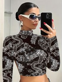 Women's Fashion Swimsuit, Random Print, Round Neck Drawstring Sun Protection Shirt, Vacation Style. (Option: M-Black)