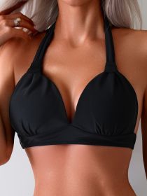 Women's Large-size Bikini Strap Top With A Pure Color Neckline Swimsuit, Vacation Style. (Option: Black-1XL)