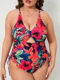 Women's Large-size One-piece Swimming Suit With Floral Print, One-piece Backless Sexy Drawstring Cross Swimwear (Option: 0XL-Colour)