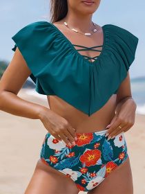 Oversized Bikini Fashion European And American Pleated Trim Set (Option: Dark green-1XL)